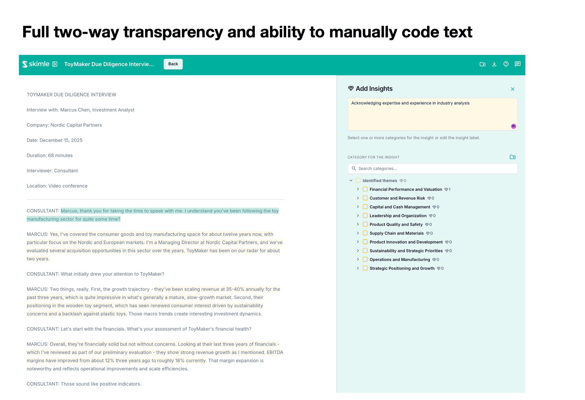 Skimle two-way transparency view showing findings across multiple research programmes