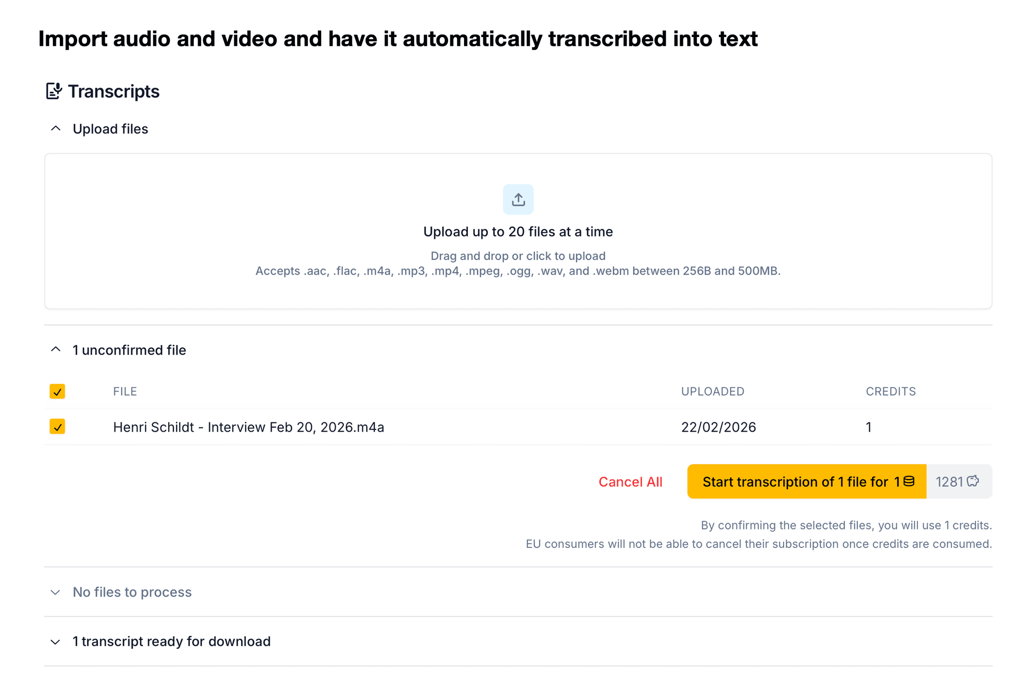 Skimle transcription interface showing audio upload and speaker identification