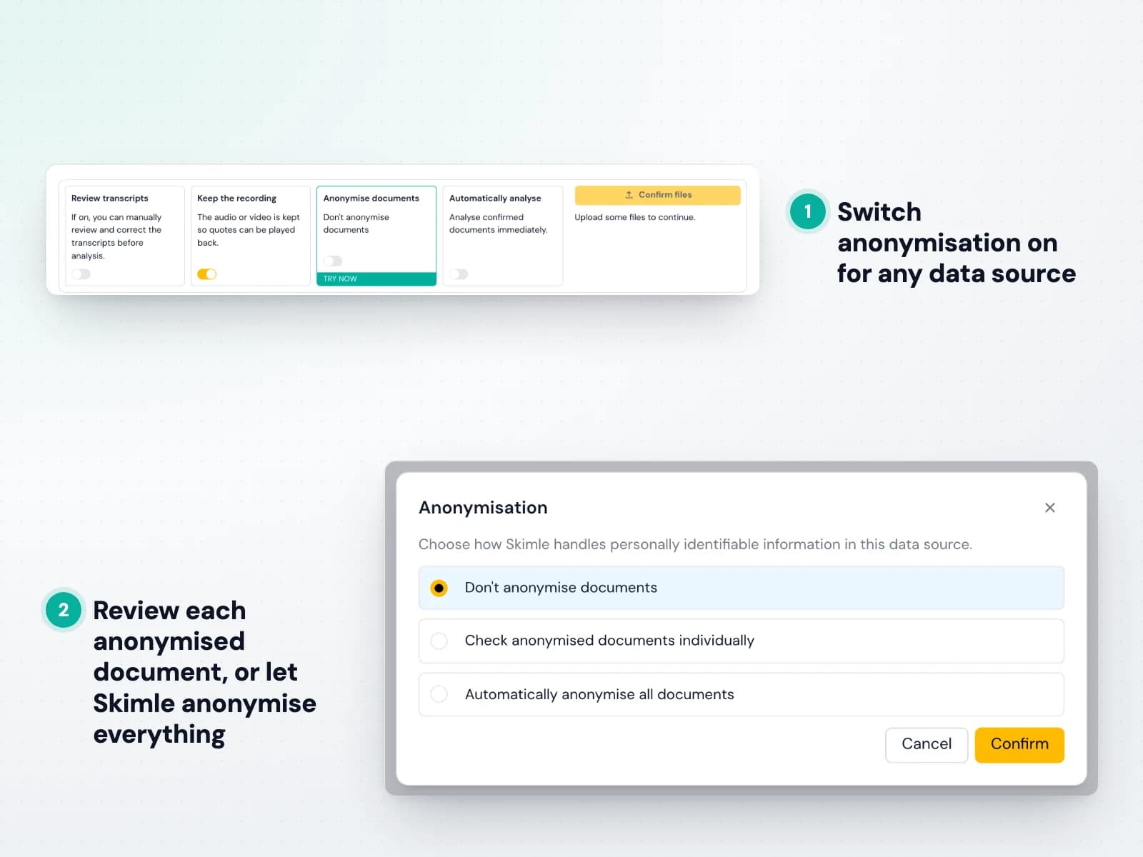 Switching on anonymisation for a data source and choosing how documents are anonymised