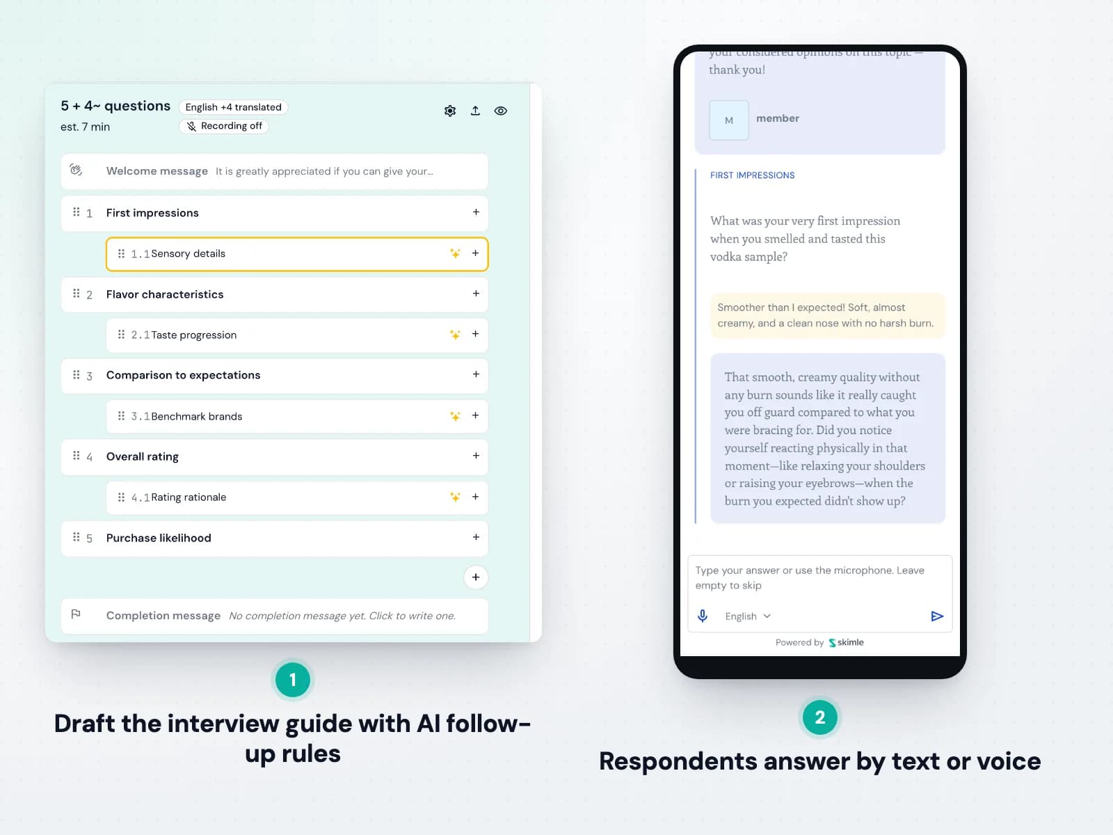 The Skimle Ask interview guide editor and a respondent's view on a phone