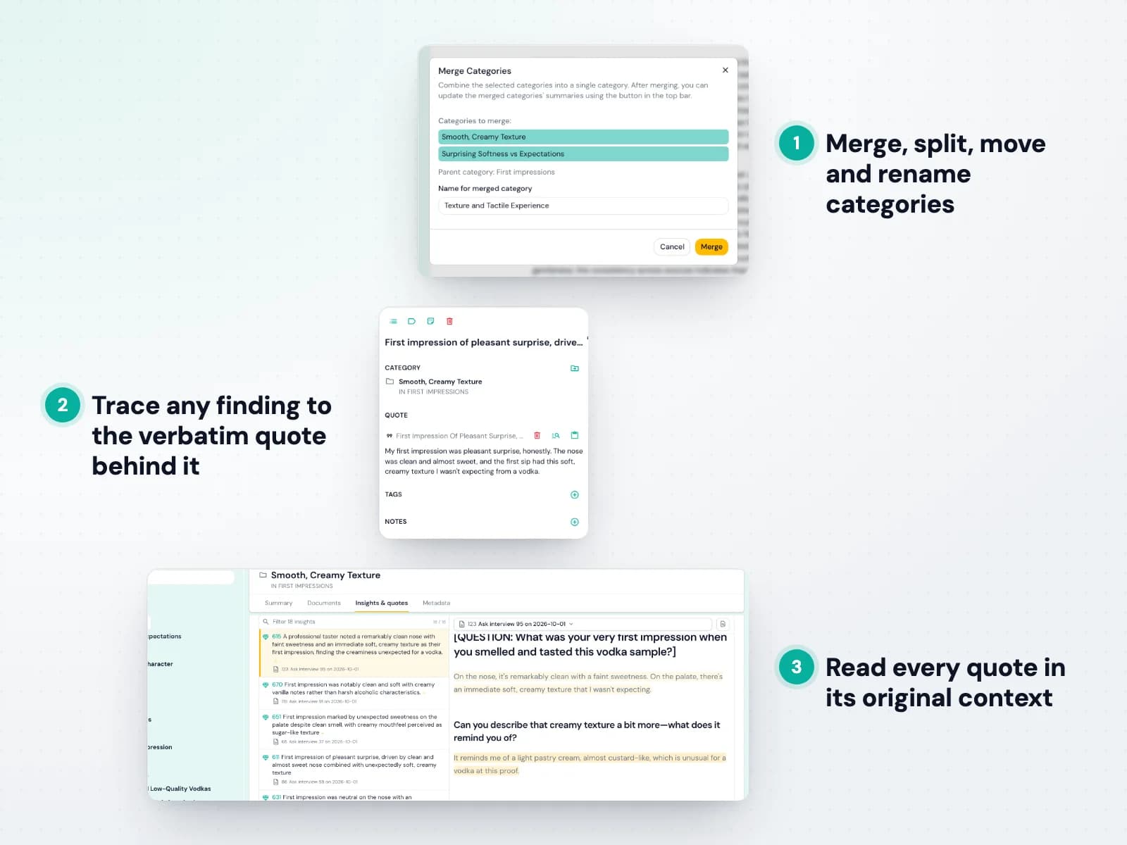 Merging categories, an insight card with its quote, and quotes shown in their original context