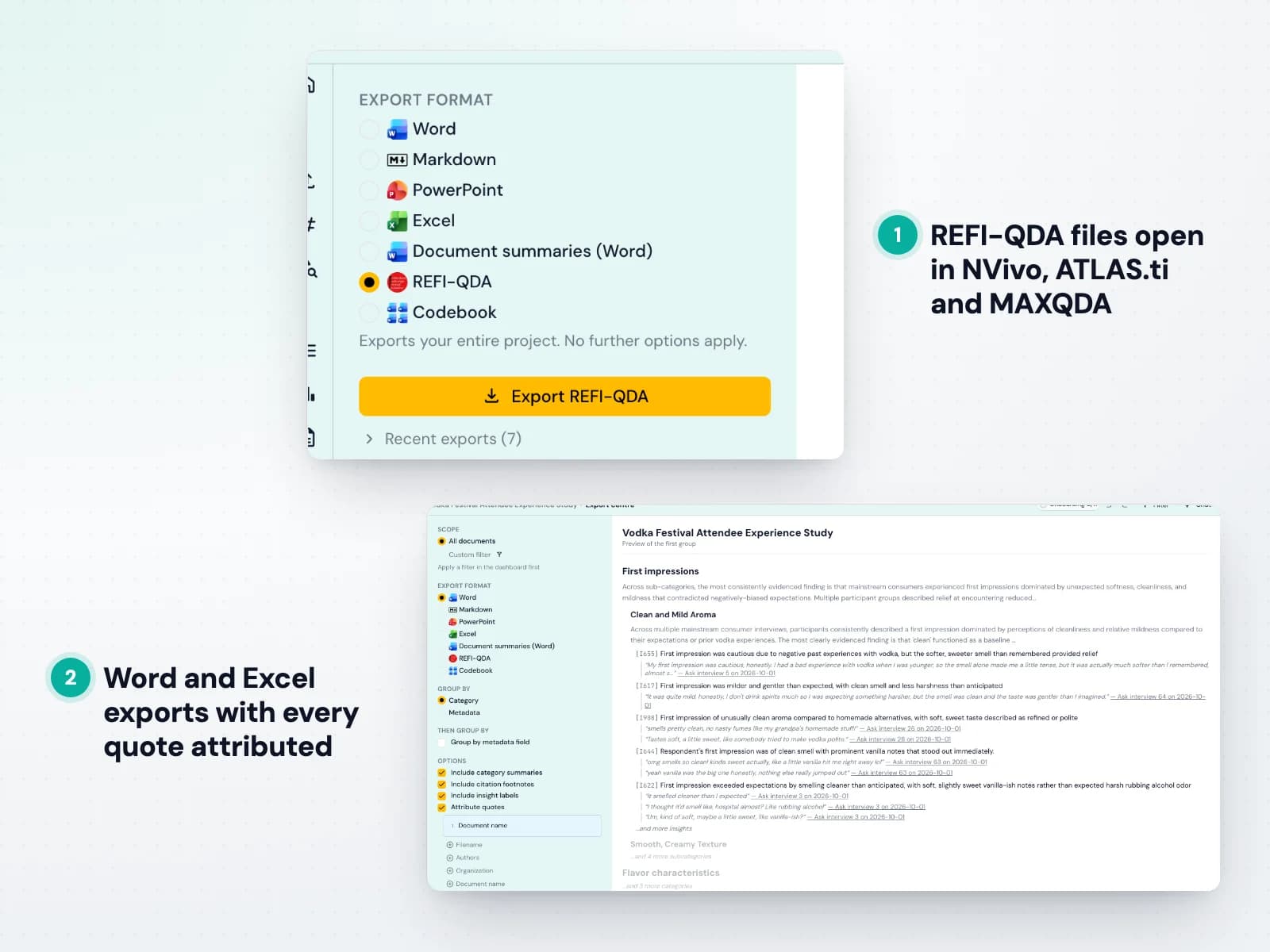 Exporting a Skimle project as REFI-QDA and a Word export with attributed quotes