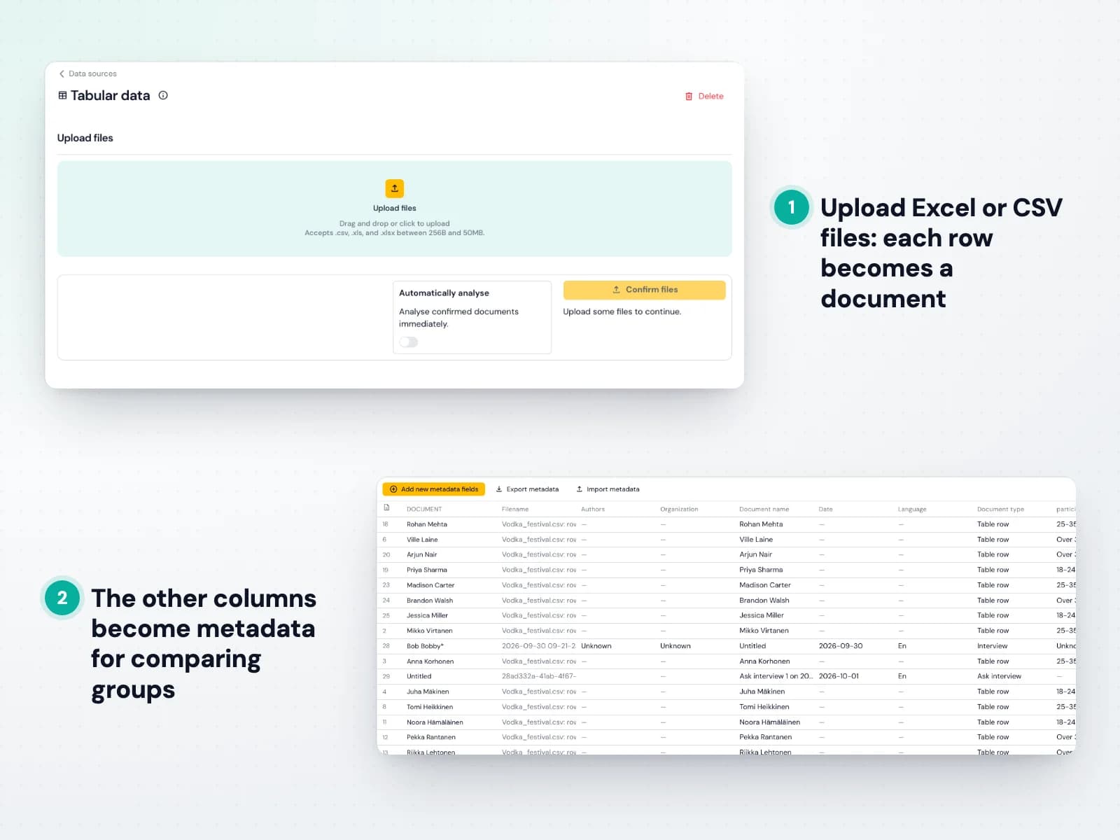 Importing tabular data in Skimle and the metadata fields created from its columns