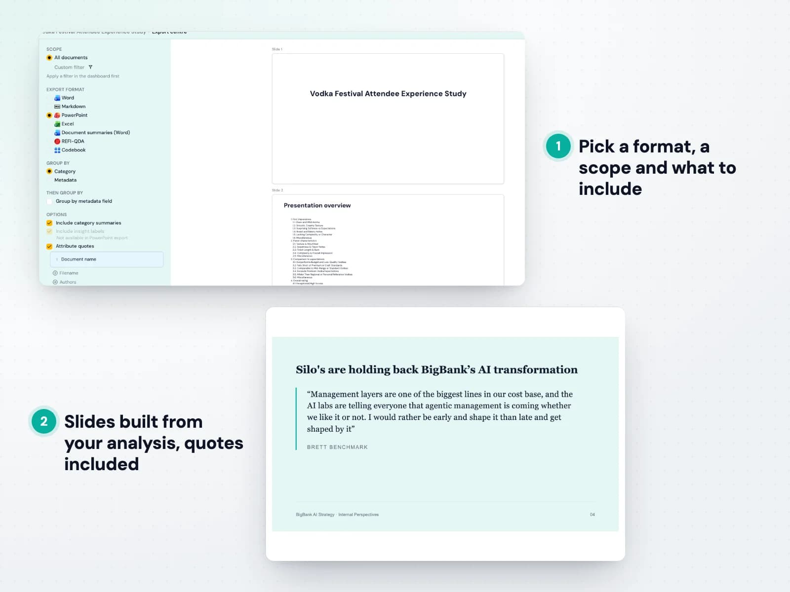 Choosing PowerPoint export options in Skimle and a slide created from an analysis