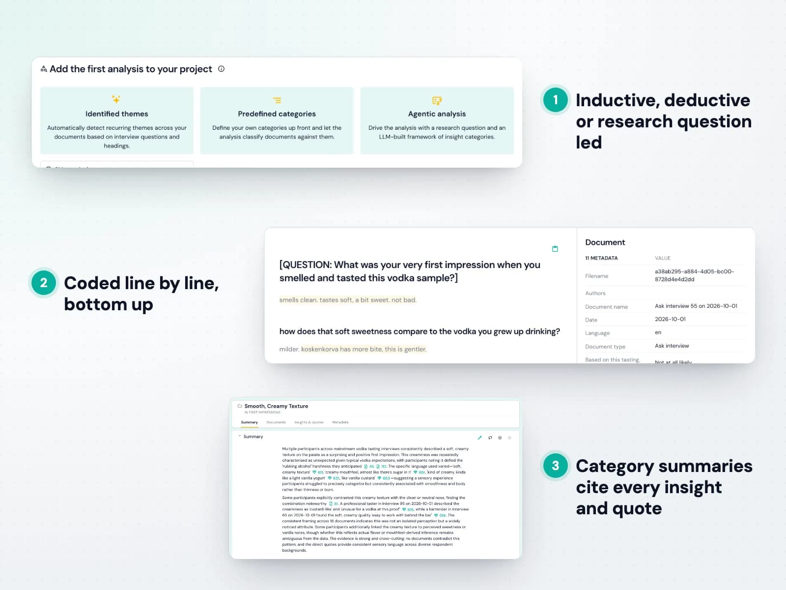 Choosing an analysis type, a transcript coded line by line, and a category summary with citations