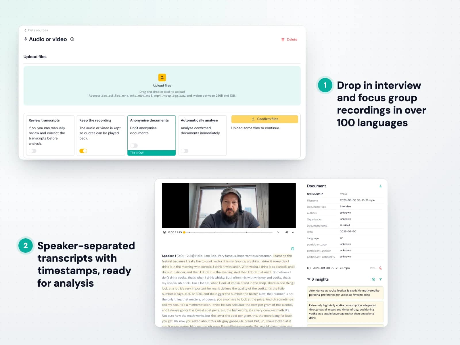 Uploading recordings in Skimle and the resulting transcript with video, speakers and coded insights