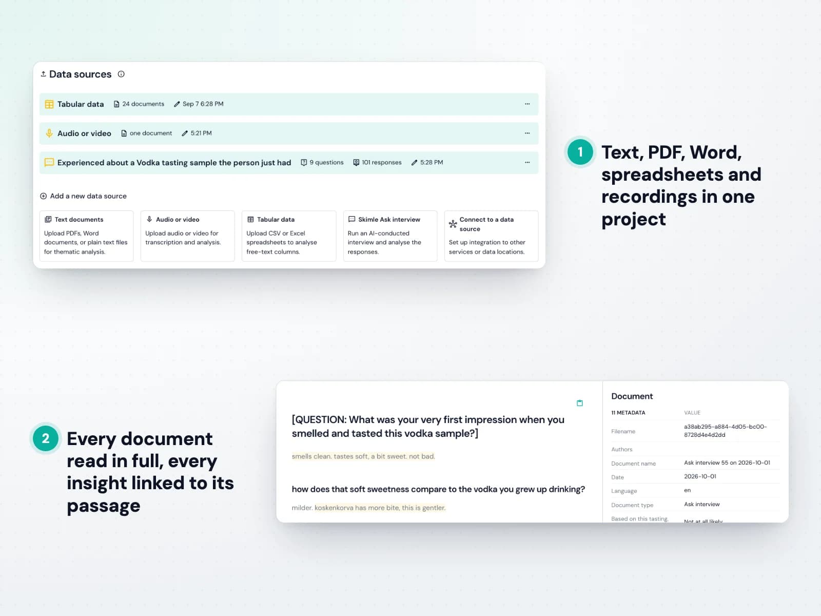 The data sources page in Skimle and a document with its coded insights
