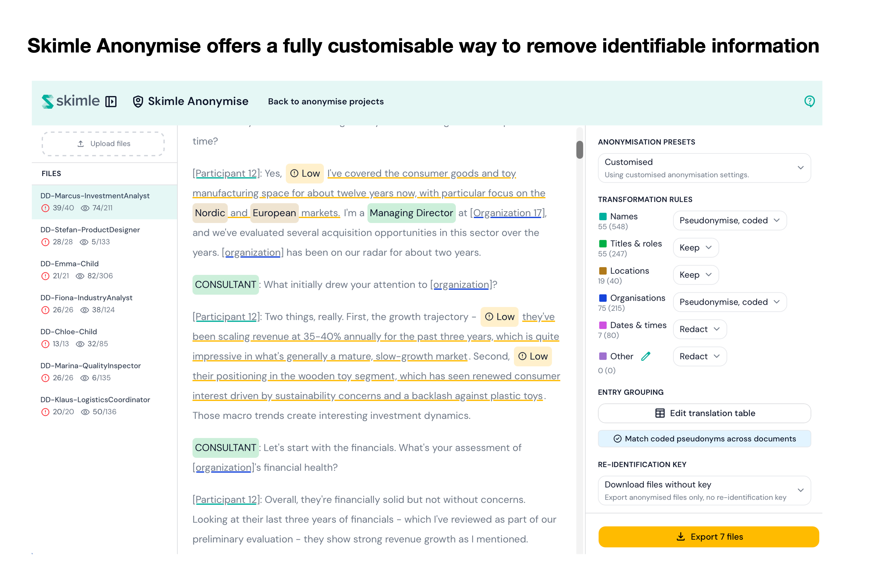 Skimle Anonymise workspace showing a transcript with highlighted identifiers across multiple categories