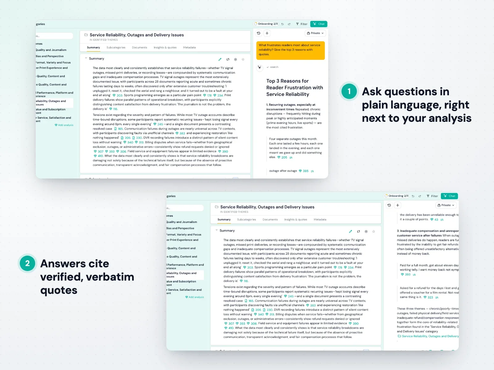 Skimle agentic chat answering a CPG insight question across consumer interviews with cited verbatim quotes