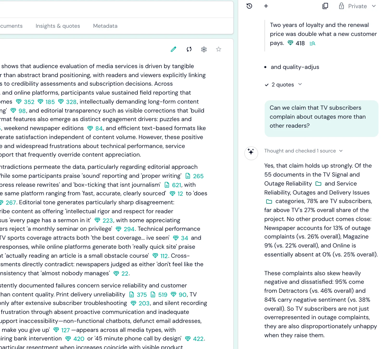 Skimle chat testing whether TV subscribers complain about outages more than other readers, with counts against the project baseline
