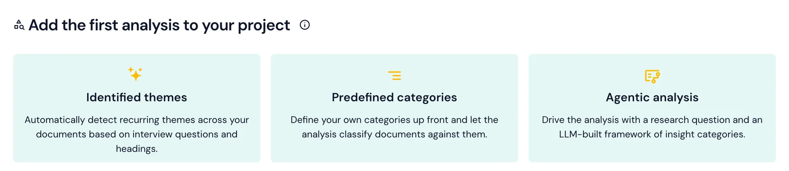 Skimle analysis types for interview transcripts: identified themes, predefined categories and agentic analysis