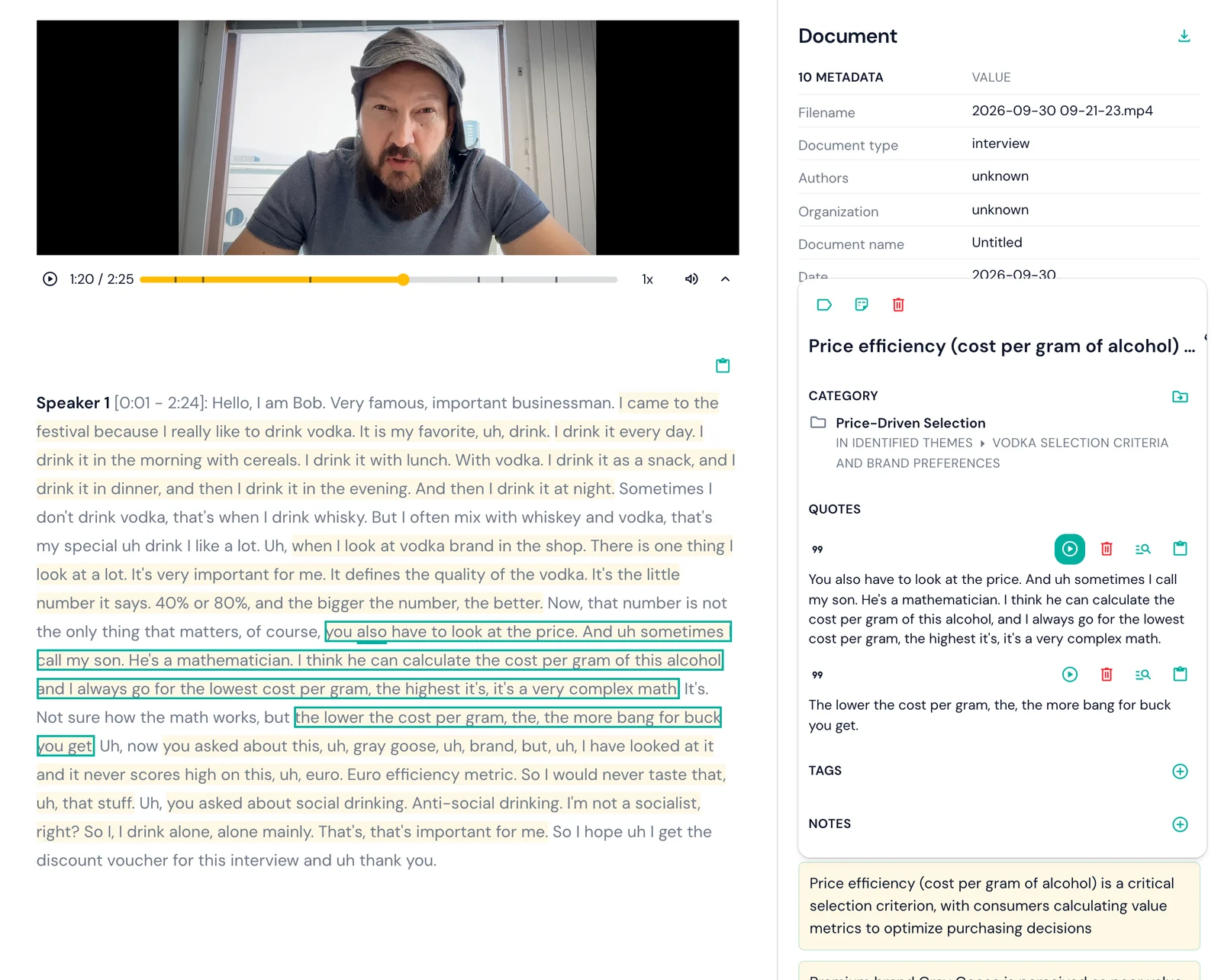 Skimle insight panel with a quote's play button pressed, the matching passage outlined in the transcript and the video playing from that moment