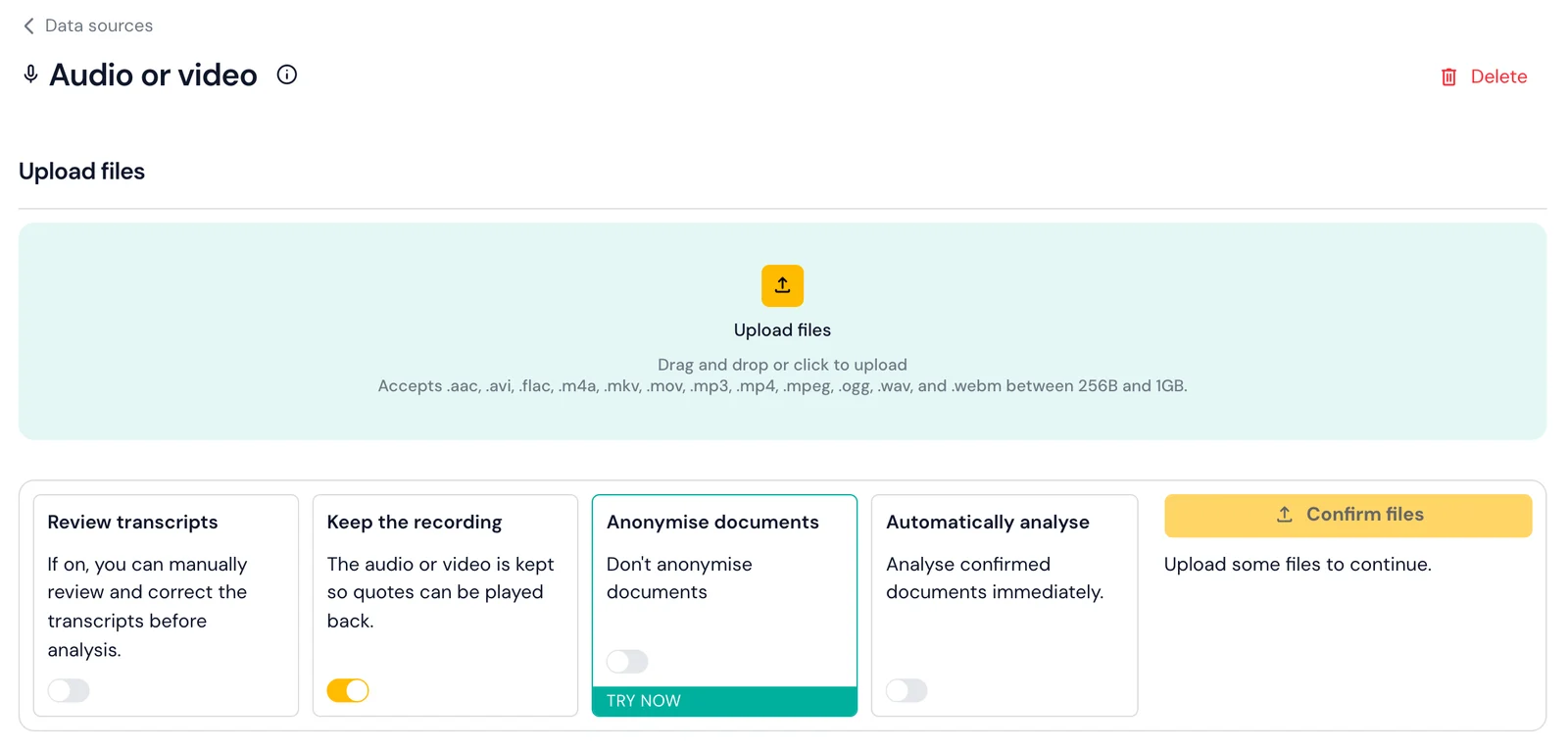 Skimle audio or video data source upload screen with options to review transcripts, keep the recording, anonymise and automatically analyse