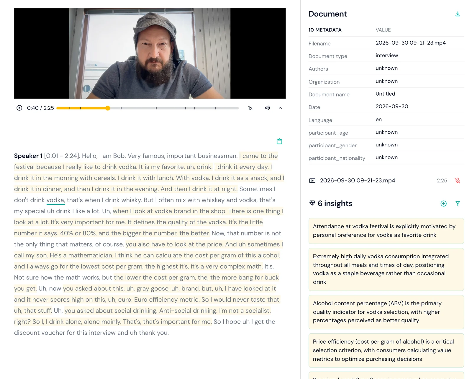Skimle document view with a video interview playing above its transcript, the spoken word underlined as playback follows along