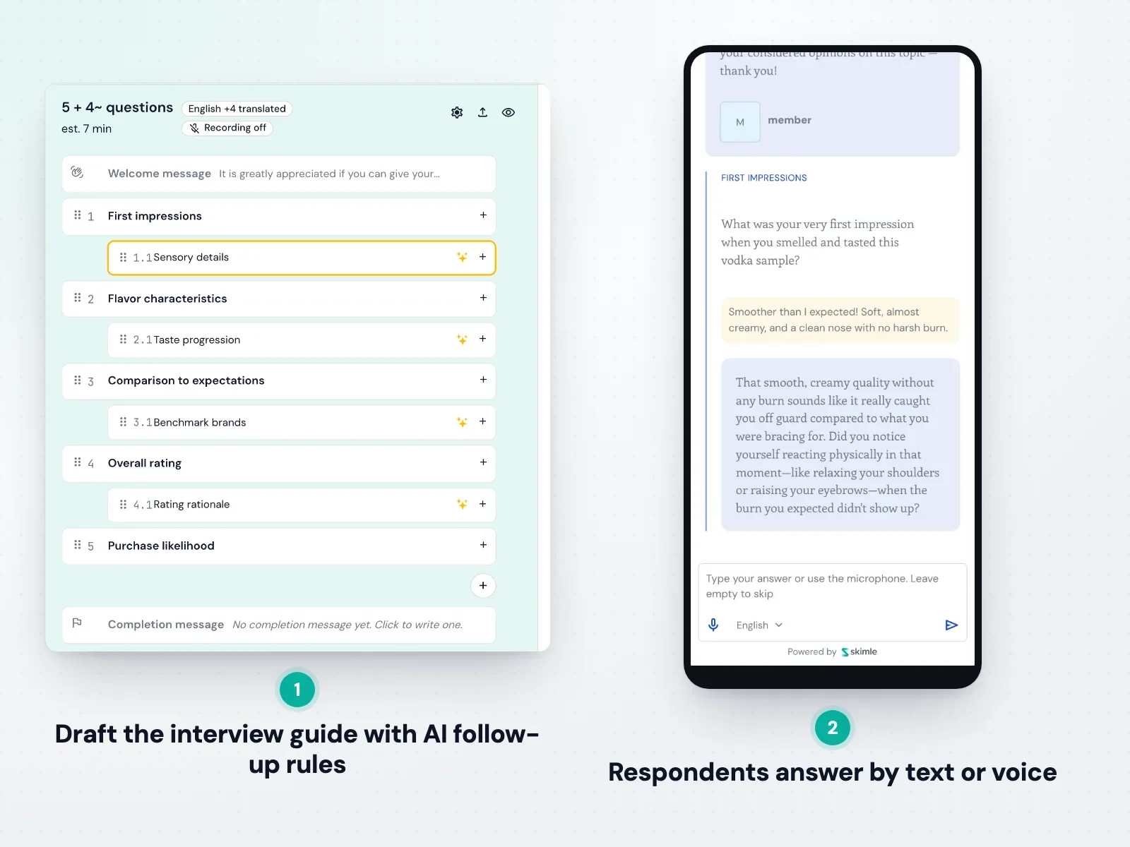 Skimle Ask AI interviewer set up for willingness-to-pay interviews with follow-up questions on price reactions